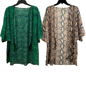 Chiffon Kimono Cardigans Set of 2 XL — Leaf Print & Snake Print Open Front